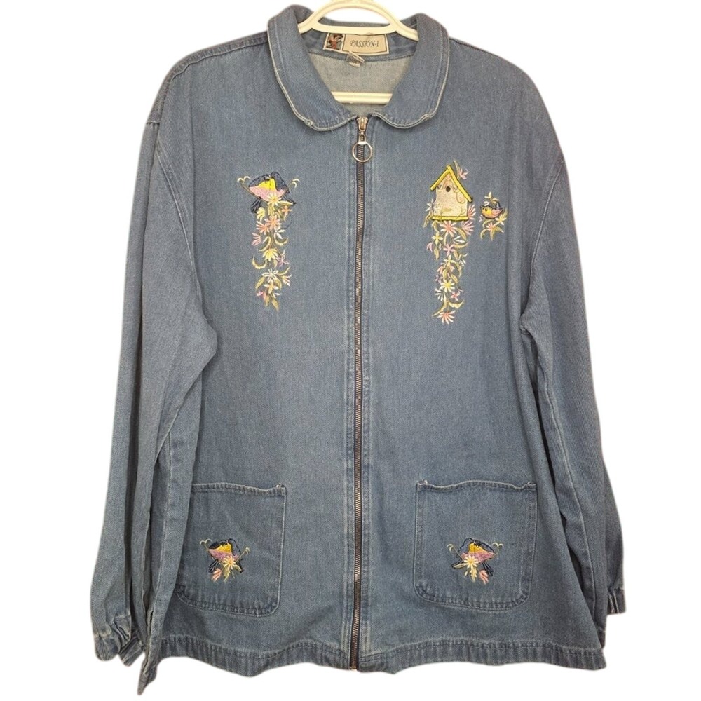 Womens XL Denim Zip-Up Jacket Embroidered Grandmacore Birdwatcher Vintage